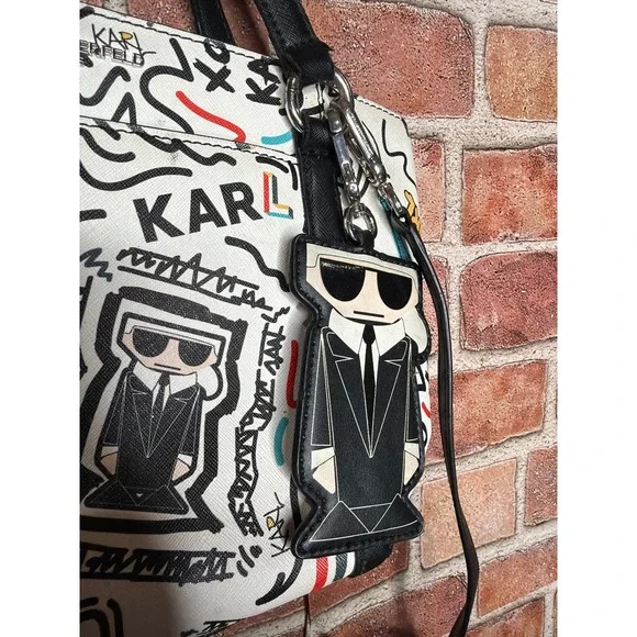 Karl Lagerfeld Paris Graffiti Print Saffiano Leather Tote Crossbody Bag White - Picture 3 of 6